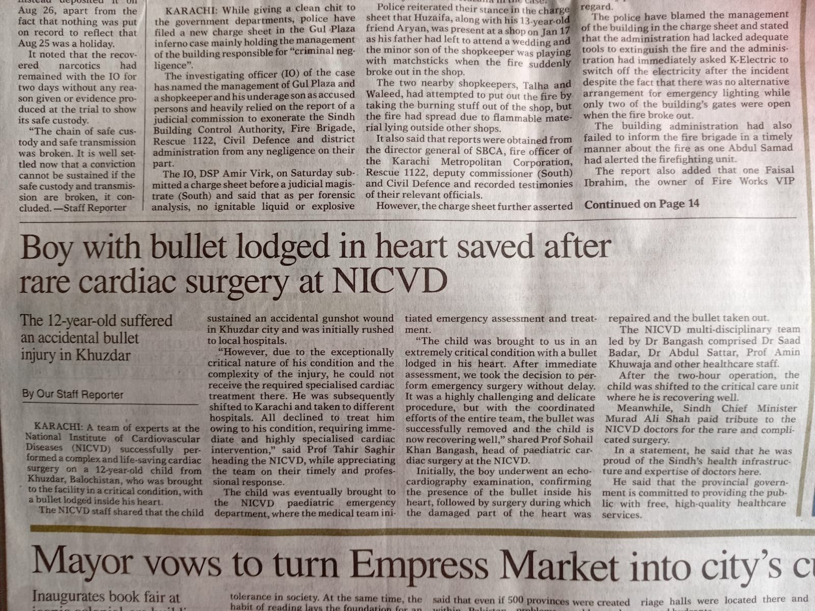 Newspaper clipping — Boy with bullet lodged in heart saved after rare cardiac surgery at NICVD